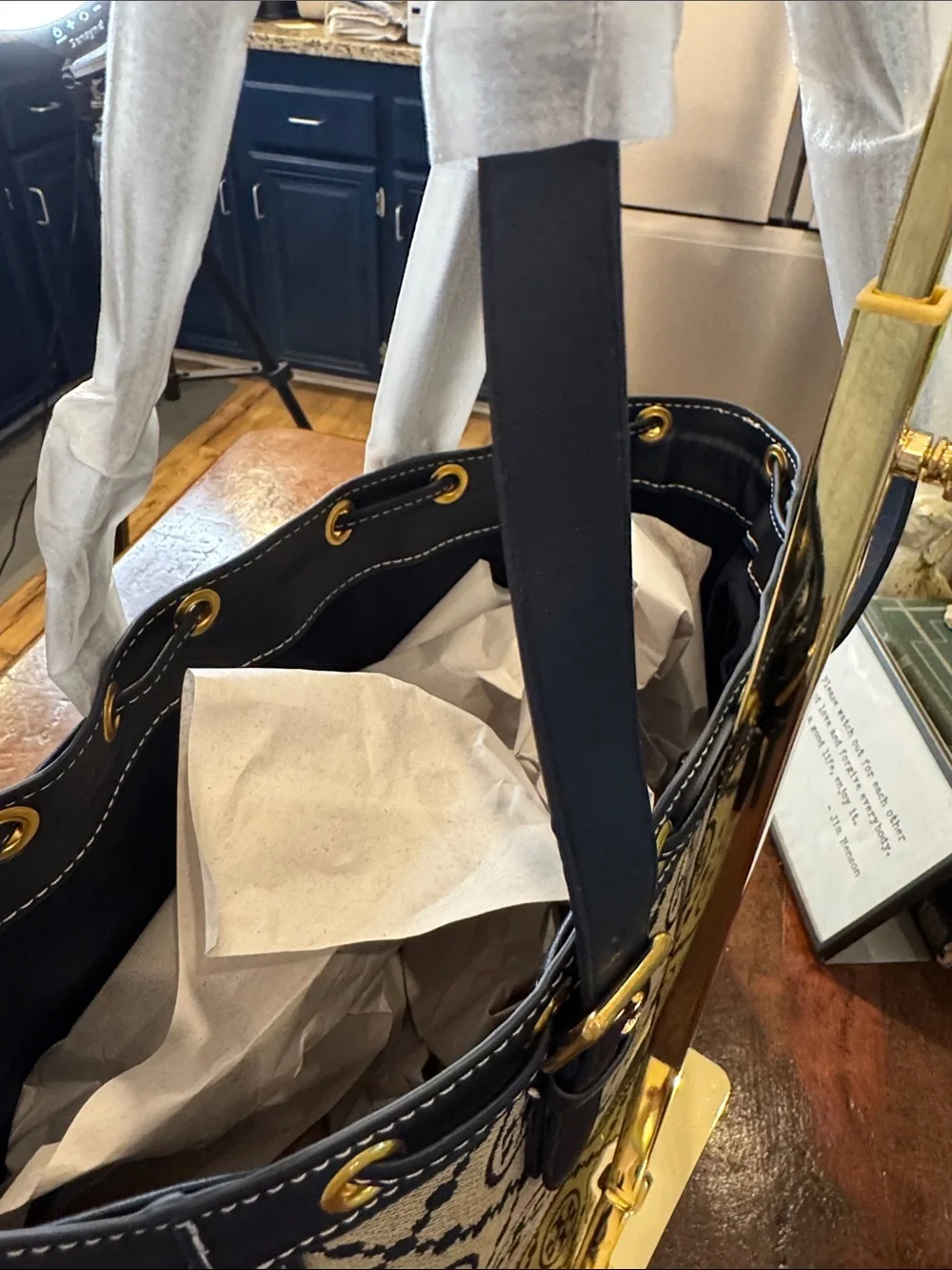 Tory Burch Navy and Cream Logo Canvas Tote with Gold Hardware